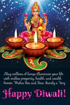 happy diwali greeting card with lord gandapada and candles in the middle