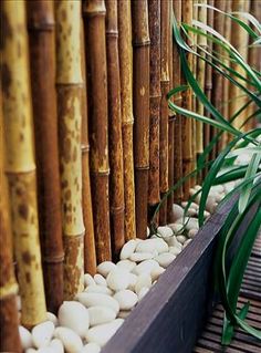 a bamboo fence with white rocks and green plants next to it in front of the bamboo wall