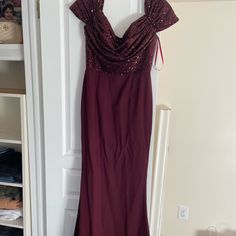 Burgundy Evening Gown, Off The Shoulder Sleeves, Originally Bought For $780, Like New Condition! (Size L, Fits Like A 6) Burgundy Evening Gown, Scarlett Red, Portia And Scarlett, Off The Shoulder Sleeves, Scarlett Dresses, Evening Gown, Shoulder Sleeve, Evening Gowns, Off The Shoulder