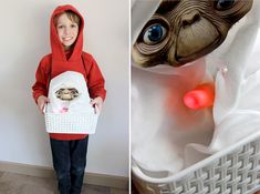 a child in a red hoodie holding a white basket and an image of a baby yoda