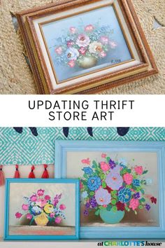 some pictures with flowers in them and the words transform thrift store paintings on it