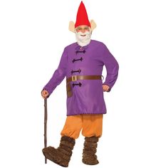 an older man in a purple outfit and red hat is standing with a walking stick