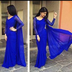 Royal blue plain georgette saree fabric custom made full sleeves blouse womens wedding party wear sa Plain Georgette Saree, Full Sleeves Blouse Designs, Full Sleeve Blouse, Sari Design, Indian Saree Blouses Designs, Simple Sarees, Saree Blouse Designs Latest, Designer Saree Blouse Patterns, Party Kleidung