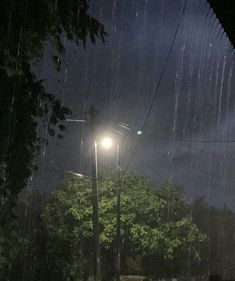 the street light is lit up on a rainy night with rain falling down and trees in the foreground