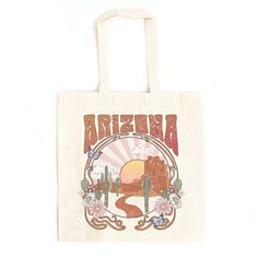 Looking for a cute tote bag to carry all your essentials this summer? This cute Arizona Grunge bag will be perfect to add to your collection. Perfect for a day at the beach or every day life! Graphic Print Tote Bag For Travel, Travel Tote Bag With Graphic Print, Retro Summer Beach Bag For Travel, Summer Canvas Bags With Graphic Print, Retro Vacation Tote Bag, Retro Tote Bag For Vacation, Eco-friendly Travel Bags With Graphic Print, Casual Summer Canvas Bag With Graphic Print, Casual Summer Bags With Graphic Print