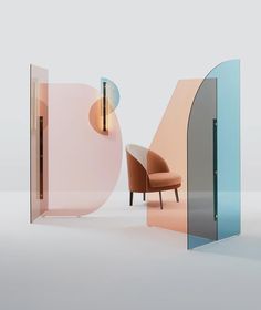 a chair sitting in front of a glass door with a mirror on the wall next to it