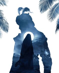 the silhouette of a person standing in front of palm trees