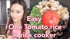 a woman standing in front of a pot filled with vegetables and potatoes, next to the words easy one tomato rice in rice cooker