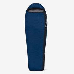 thermos sleeping bag is shown in blue and black, on a white background