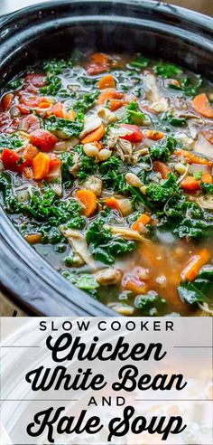 slow cooker chicken white bean and kale soup in a black crock pot