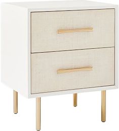 a white and gold nightstand with two drawers on one side, the other is open