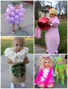 four pictures of babies dressed in costumes, one is holding a starbucks cup and the other has balloons