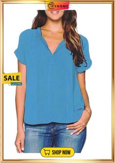 Women Short Sleeve V Neck Shirt Blouse Chic Blue Split Neck Blouse, Casual Solid Color Tops For Office, Casual Solid Tops For Office, Trendy V-neck Relaxed Fit Blouse, Casual Short Sleeve Office Top, Casual Office Tops, Summer Office Blouse Relaxed Fit, Casual Solid V-neck Blouse, Versatile Tops With Split Neck In Solid Color