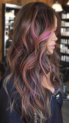 Brown Hair With Pink Highlights, Brown And Pink Hair, Pink Hair Streaks, Pink Hair Highlights, Hair Styles Long Hair, Blue Black Hair, Gold Hair Colors, Dip Dye Hair