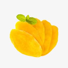 slices of mango fruit with green leaf on white background