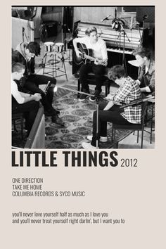 an advertisement for little things 2012 with the words, one direction and two people sitting in chairs