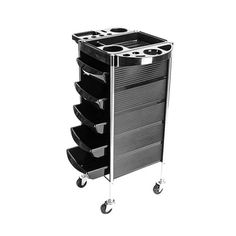 a black and white photo of a rolling cart with five drawers on each side,