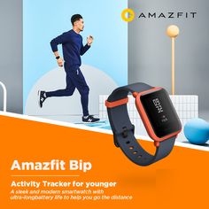 an advertisement for the amazit bip activity tracker with a man running behind it