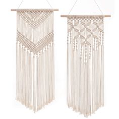 two macrame wall hangings with beads and chains on the top, one is white