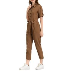 This ankle-length jumpsuit in a cotton weave with a grandad collar, buttons down the front to the waist, and open chest pockets. Gently dropped shoulders, short sleeves with a tab and D-rings, and a seam at the waist with elastication at the sides and detachable tie belt. With the design of the self-tie belt, it can accentuate your graceful figure. Perfect to pair with strappy heels and delicate earrings. Made from cotton fabric, this comfy jumpsuit is your good choice for Daily Wearing, Weekend Gathering, and Office Day. Please check your measurements to make sure the item fits before ordering. Measurement (in inches) Size------Chest Girth------Waist Girth------Hip Girth------Shoulder Width XS------------35 7/8-----------28 3/4-----------39 3/4-----------19 5/8 S--------------37 3/4------ Collared Jumpsuits And Rompers With Pockets, Casual Collared Belted Jumpsuits And Rompers, Casual Belted Collared Jumpsuits And Rompers, Cotton Jumpsuits And Rompers With Buttons For Fall, Belted Cotton Jumpsuits And Rompers With Short Sleeves, Casual Jumpsuits And Rompers With Buttons For Work, Spring Short Sleeve Jumpsuits With Buttoned Pockets, Cotton Short Sleeve Jumpsuits And Rompers With Button Closure, Casual Collared Jumpsuits And Rompers For Work