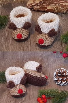 crocheted baby booties and pine cones on a wooden table