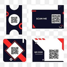 four different business cards with qr code and barcodes on them, all in black and red