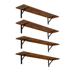 three wooden shelves with black metal brackets on each shelf and one shelf has an open end