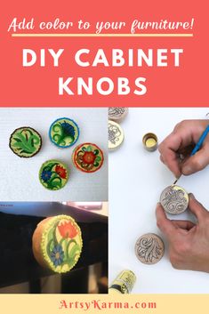 the collage shows how to make cabinet knobs with different colors and designs on them