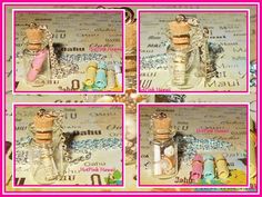 four different pictures of small bottles with corks in them, one is empty and the other has some writing on it