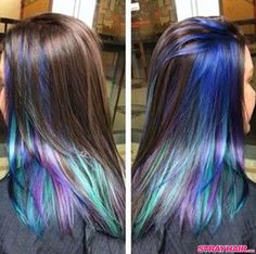 Peacock Highlights, Peacock Hair Color, Oil Slick Hair Color, Purple Hairstyles, Oil Slick Hair, Purple Streaks, Underlights Hair, Peacock Hair, Color Streaks