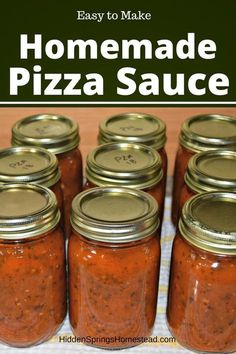 homemade pizza sauce in mason jars with text overlay