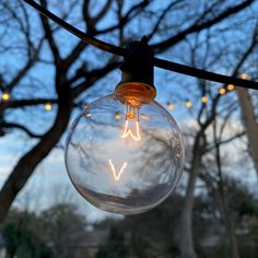 a light bulb hanging from a wire in front of some trees with lights on it