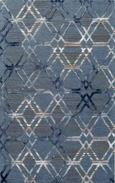 a blue rug with an abstract design on the top and bottom half, in grey tones