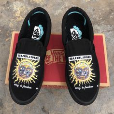 Sublime - All Black Slip On Vans Sublime Logo, Custom Slip On Vans, Black Slip On Vans, Custom Vans Shoes, Leather Front Pocket Wallet, Slip On Vans, Front Pocket Wallet, Black Slip On, Embroidered Shoes