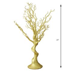 a gold vase with a tree in it and measurements for the top half of it