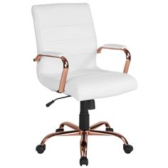 a white office chair with gold arms and wheels