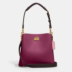 Women/ Handbags/ Shoulder Bags & Hobos Brass/Deep Plum Multi Willow Bucket Bag In Colorblock With Signature Canvas Interior Free Shipping & Free Returns Additional Details Style Number Ca095 Measurements Length: 9.25" Height: 8.75" Width: 4.25" Materials Polished Pebble Leather And Signature Coated Canvas Strap Detachable Short Strap With 8" Drop Detachable Long Strap With 21.5" Drop For Shoulder Or Crossbody Wear Features Turnlock Closure, Snap Closure Center Zip Compartment Inside Multifunctio Modern Purple Bag With Detachable Strap, Modern Purple Shoulder Bag, Purple Bucket Shoulder Bag With Detachable Strap, Chic Purple Bucket Bag For Everyday, Purple Bucket Shoulder Bag With Removable Pouch, Purple Travel Bag With Gold-tone Hardware, Travel Bag With Purple Color And Gold-tone Hardware, Purple Shoulder Bucket Bag With Removable Pouch, Chic Purple Bucket Shoulder Bag