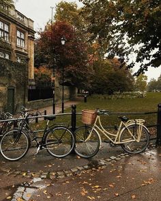 three bicycles parked next to each other near a fence