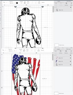 an image of a man in space suit with the american flag on it, and another drawing