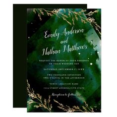 a green and gold wedding card with the words, earthy watercolor and foliage on it