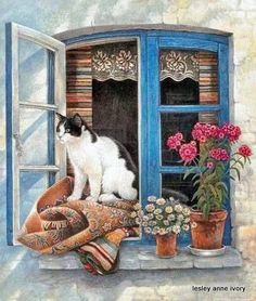 a painting of a cat sitting on a window sill with potted flowers in front of it