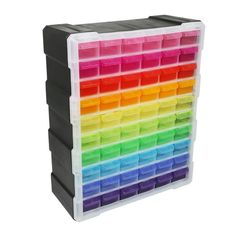 a multicolored plastic storage box filled with lots of different colored bins and lids