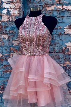 Pink Halter Beaded Short Homecoming Dress Outfits For Girls Halter Homecoming Dress, Pink Homecoming Dresses, Dress Wedding Party, Pink Homecoming, Pink Party Dresses, Pink Homecoming Dress, Make Your Own Dress, Short Party Dress, 16 Dresses