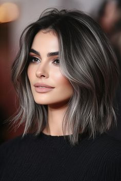 Gray Streaks In Dark Hair, Hair Highlights Dark Brown, Ash Grey Highlights, Dark Hair With Dimension, Black Hair With Grey Highlights, Grey Brown Hair, Ashy Hair, Light Brunette, Grey Hair Transformation