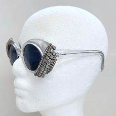 For Sale on 1stDibs - Super rare, and Rihanna favorite, MERCURA NYC novelty sunglasses ! These glasses are everything ! Jackie O oval shape with clear lucite. Rhinestones at Glamorous Silver Sunglasses With Tinted Lenses, Glamorous Silver Tinted Sunglasses, Vintage Silver Sunglasses For Party, Retro Clear Sunglasses For Party, Silver Rhinestone Sunglasses With Glass Lenses, Silver Rhinestone Sunglasses With Glass, Silver Sunglasses With Rhinestones, Glamorous Silver Glass Sunglasses, Glamorous Silver Sunglasses With Glass Lenses