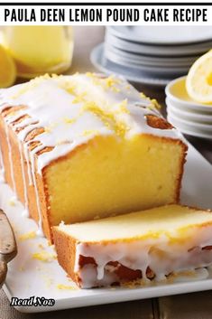 a loaf of lemon pound cake sitting on top of a white plate