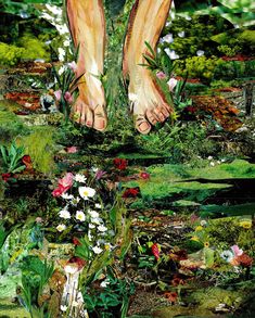 a painting of a person's feet in the middle of flowers and grass, surrounded by plants