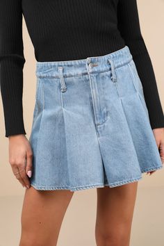 You'll always love your look in the Lulus Delightful Trend Light Wash Pleated Denim Mini Skirt! Sturdy woven denim shapes this flattering little skirt that has a high waist, belt loops, and a hidden zip fly with top button closure. Chic pleats line the skirt, which has front diagonal pockets and ends at a mini hem. Fit: This garment fits true to size. Length: Mid-thigh. Size medium measures 14.5" from waist to hem. Waist: Fitted - very fitted at natural waist. Hip: Not Fitted - fuller skirt allo High Rise Mini Skirt With Belt Loops, Dark Wash Mini Length Shorts For Spring, Chic High Rise Denim Mini Skirt, Chic Dark Wash Mini Length Bottoms, Chic Dark Wash Mini Bottoms, Spring Dark Wash Mini Shorts, Chic Denim Mini Length Bottoms, Spring Denim Mini Shorts, Spring Mini Denim Shorts