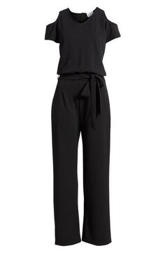 Cutouts at the shoulders add a modern touch to this comfortable stretch-enriched jumpsuit tethered at the waist by a sash. Scoop neck Cold-shoulder short sleeves Removable sash 90% polyester, 10% spandex Dry clean Made in the USA Chic Strapless Jumpsuit With Tie Waist, Chic Jumpsuits With Tie Waist For Night Out, Chic Belted Strapless Jumpsuit For Work, Elegant Jumpsuits And Rompers With Tie Waist, Belted Strapless Jumpsuit For Workwear, Black Casual Strapless Jumpsuit For Work, Chic Black Jumpsuit With Tie Waist, Black Tie Waist Jumpsuit For Work, Black Belted Jumpsuit For Date Night