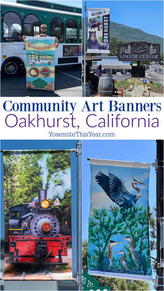 an advertisement for the community art banners in oakhurst, california with pictures of animals and birds painted on them